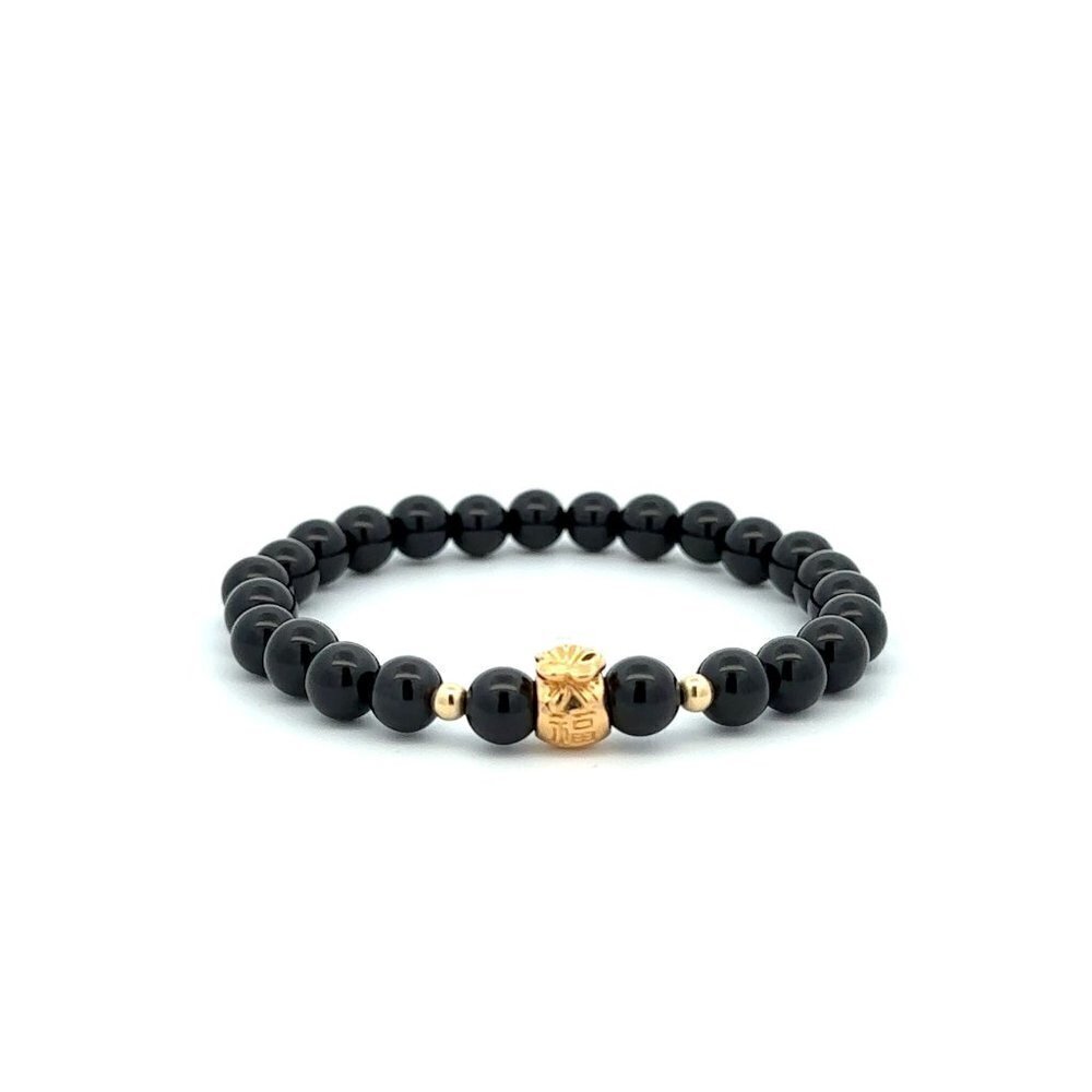 18K Gold Money Bag Lucky Charm Beads Bracelet Gemstones Onyx 6mm